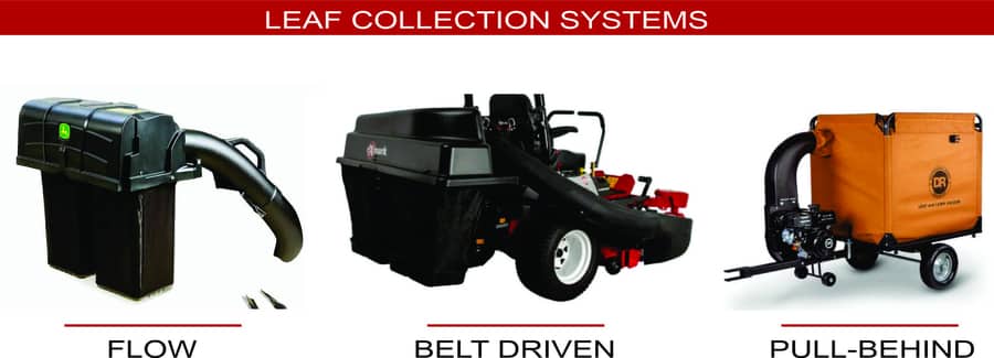 Types of grass collection systems: flow, belt-driven, pull-behind