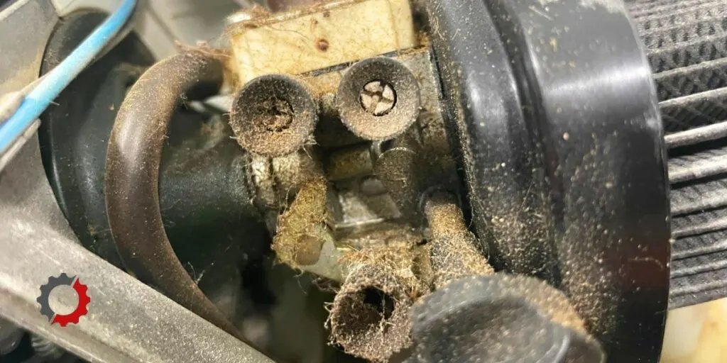 STIHL blower carburetor showing choke knob and carburetor adjustment screws